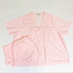 Vintage Danni Pink Short Sleeve Button Up Long Pants Pajama Set L